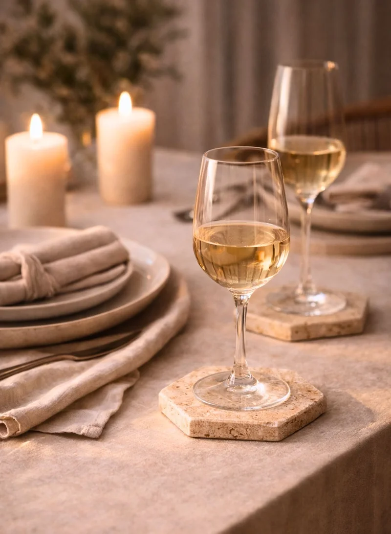 1Chase Hexagon Travertine Coasters Set of 4, Natural Marble Hexagon Drink Coasters, Absorbent Stone Coasters for Coffee Table, Dining Table & Home Décor  | Best Price UAE
